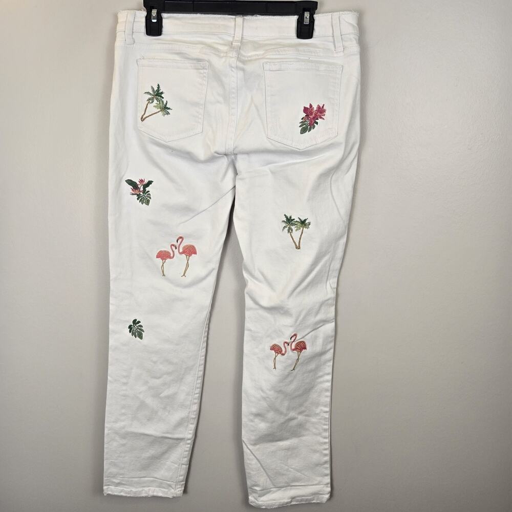 Standard Grace Jeans White Embroidered Flamingos Palm Trees Distressed Sz 12 - Picture 5 of 10